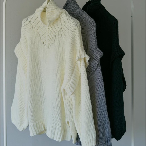 LAST 1! Clearance Vest Ruffle Slouchy Boho Cream Mock Turtleneck Soft Sweater - Picture 4 of 5